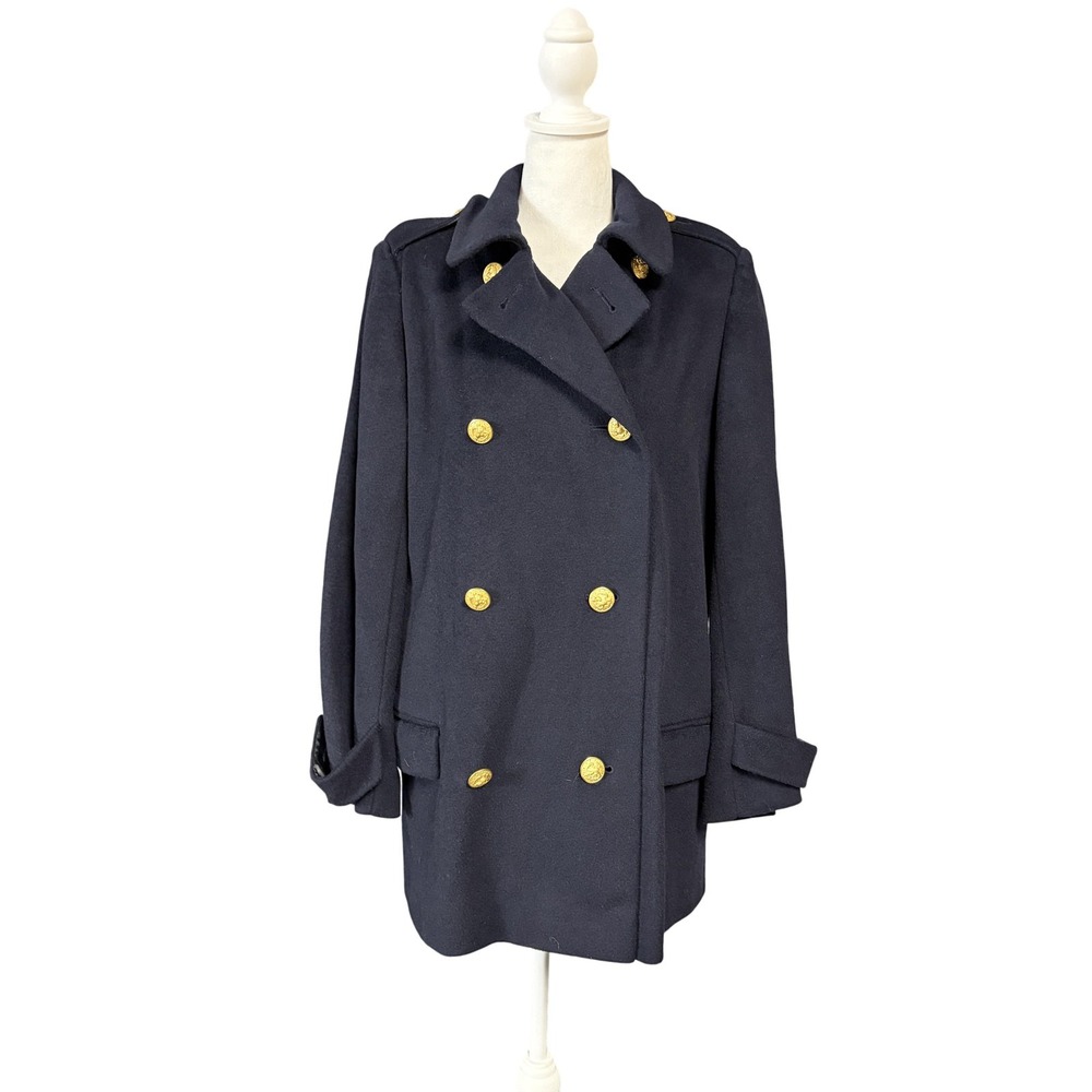 Vintage Lassie Junior Blue Wool Pea Coat Nautical Crest Buttons USA Made L